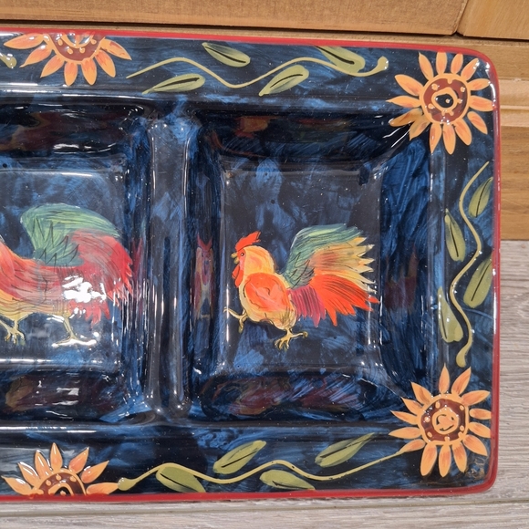 Certified International Sunrise Rooster 4-Section Serving Tray, Blue Ceramic - Picture 4 of 10